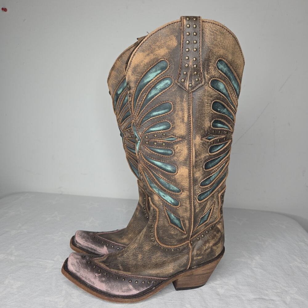 Liberty Black Womens 7.5 Brown Turquoise Inlay Distressed Leather Cowboy Boots